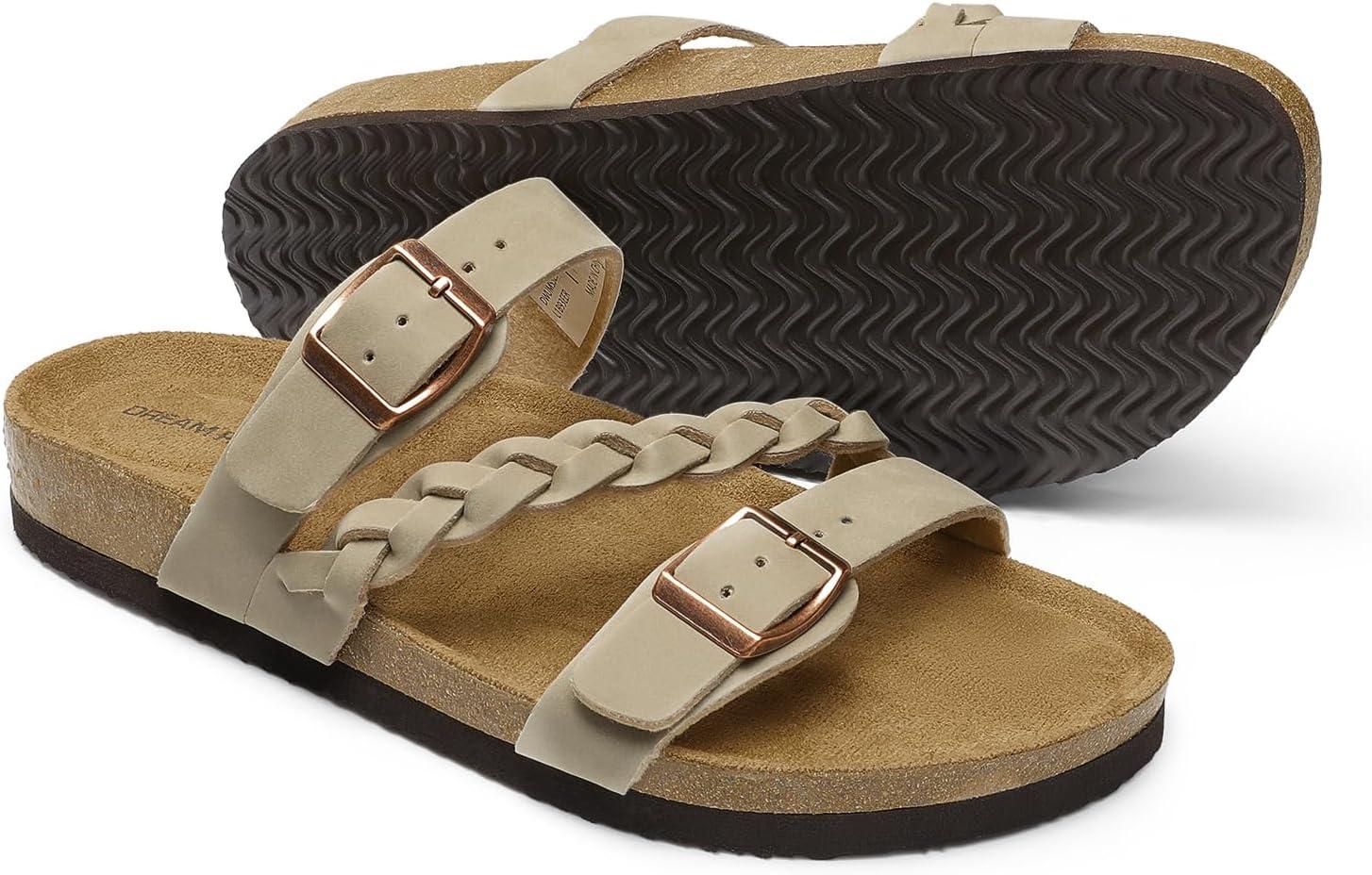 imageDREAM PAIRS Womens Slides Soft Cork Footbed Sandals Comfortable Walking Slipon Flat Sandals Arch Support Adjustable Buckle Braided Straps SlippersBeige