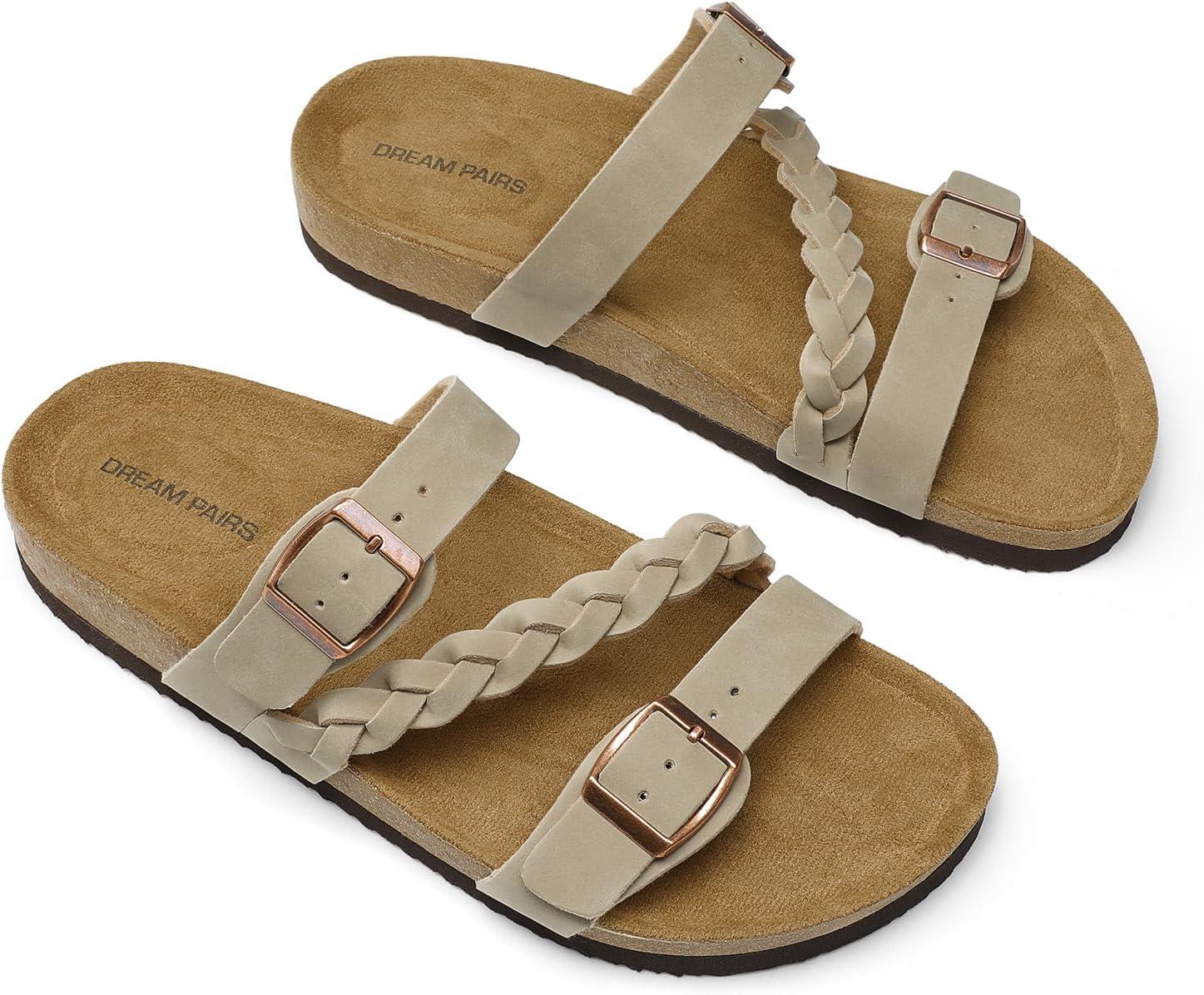 imageDREAM PAIRS Womens Slides Soft Cork Footbed Sandals Comfortable Walking Slipon Flat Sandals Arch Support Adjustable Buckle Braided Straps SlippersBeige