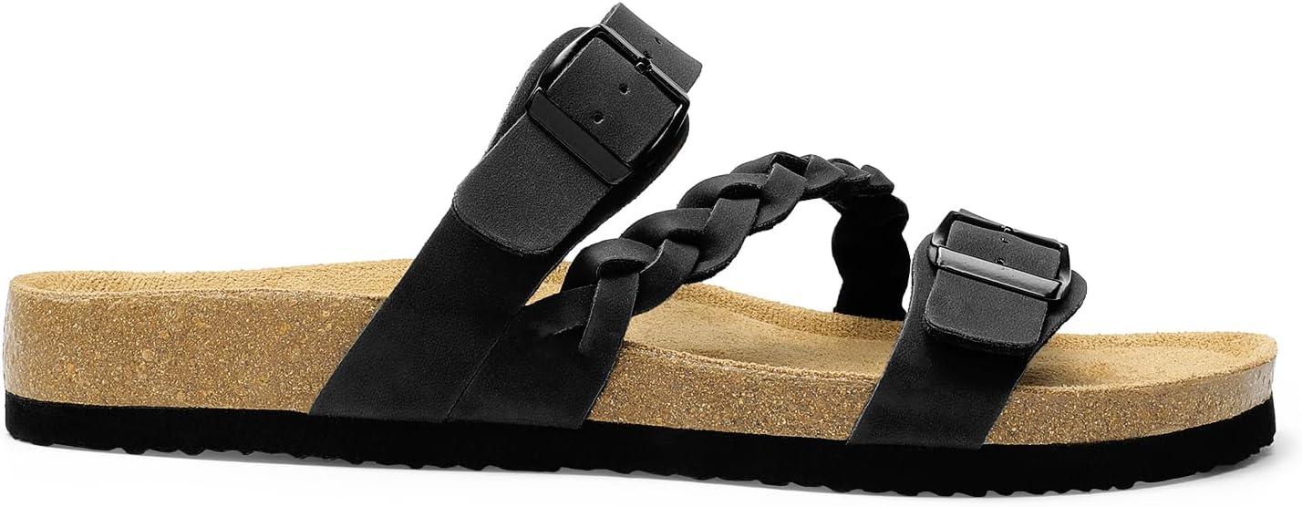 imageDREAM PAIRS Womens Slides Soft Cork Footbed Sandals Comfortable Walking Slipon Flat Sandals Arch Support Adjustable Buckle Braided Straps SlippersBlack