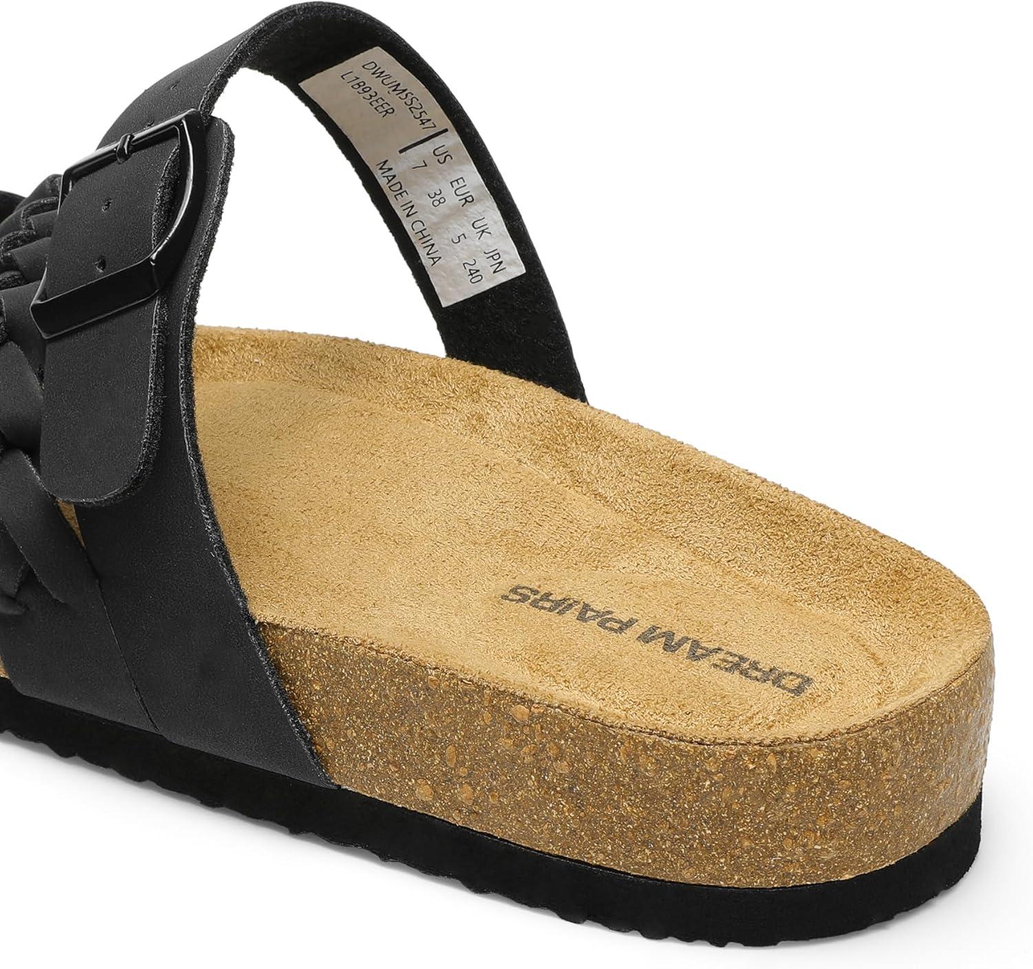 imageDREAM PAIRS Womens Slides Soft Cork Footbed Sandals Comfortable Walking Slipon Flat Sandals Arch Support Adjustable Buckle Braided Straps SlippersBlack
