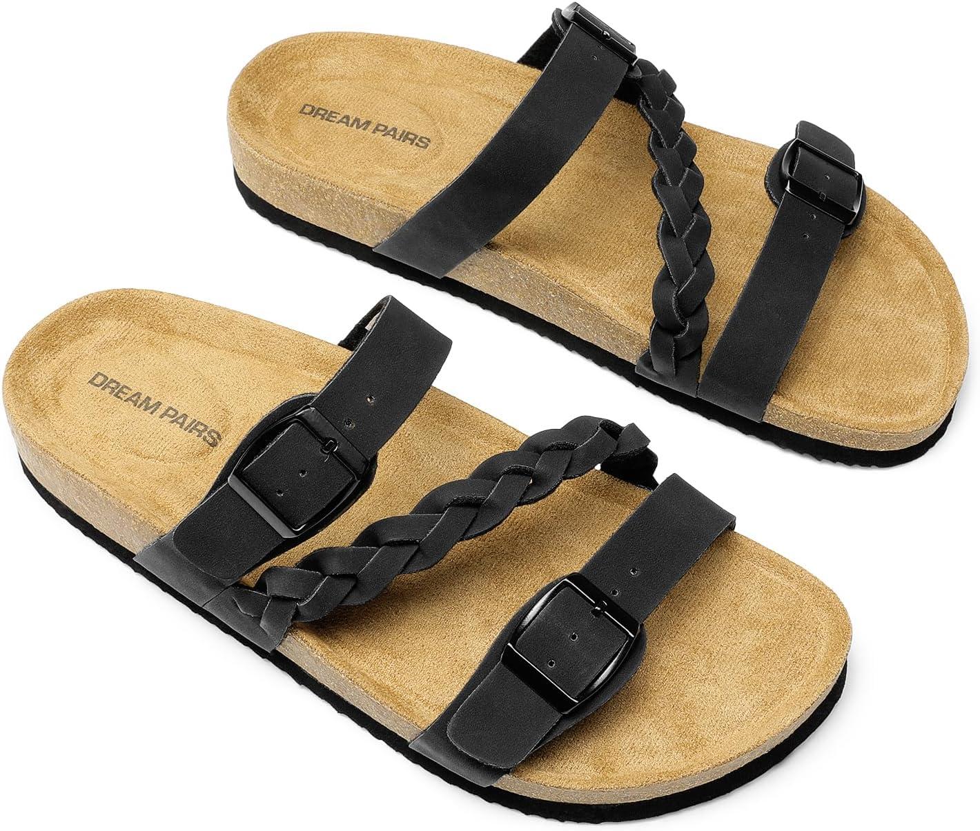 imageDREAM PAIRS Womens Slides Soft Cork Footbed Sandals Comfortable Walking Slipon Flat Sandals Arch Support Adjustable Buckle Braided Straps SlippersBlack
