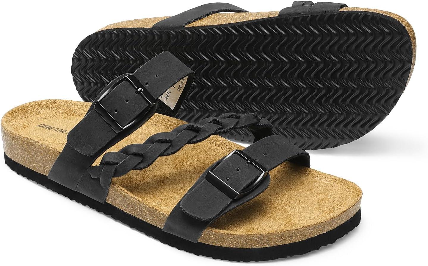 imageDREAM PAIRS Womens Slides Soft Cork Footbed Sandals Comfortable Walking Slipon Flat Sandals Arch Support Adjustable Buckle Braided Straps SlippersBlack