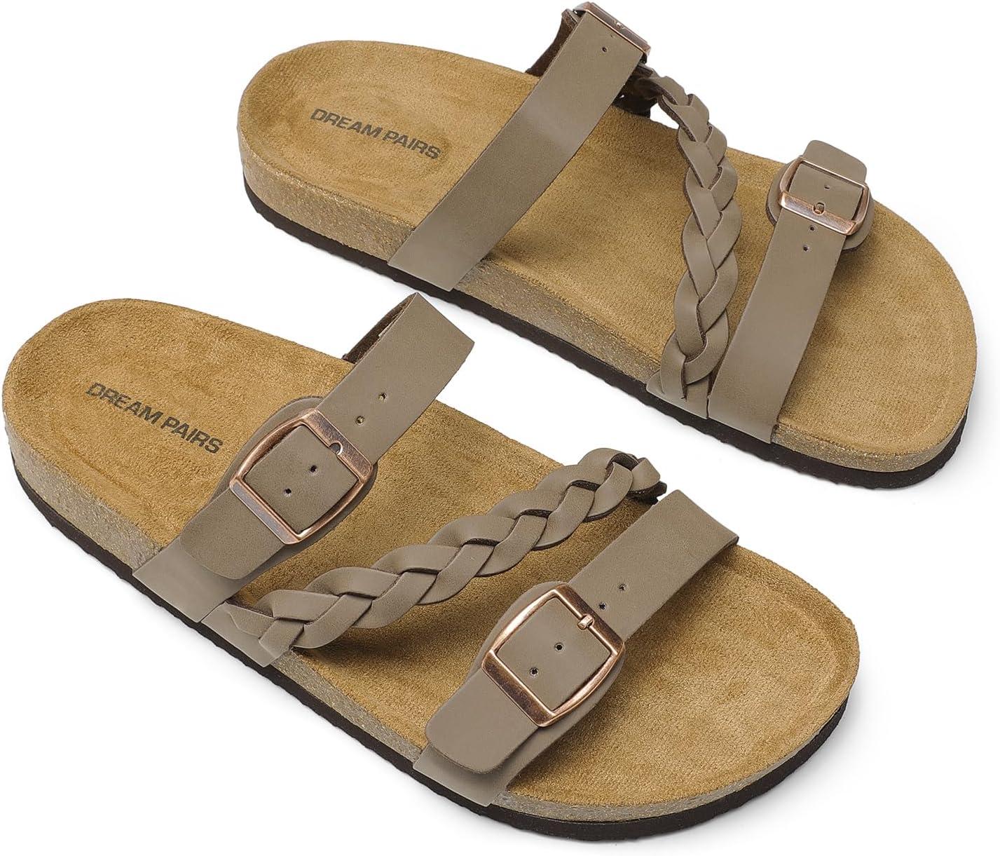imageDREAM PAIRS Womens Slides Soft Cork Footbed Sandals Comfortable Walking Slipon Flat Sandals Arch Support Adjustable Buckle Braided Straps SlippersBrown