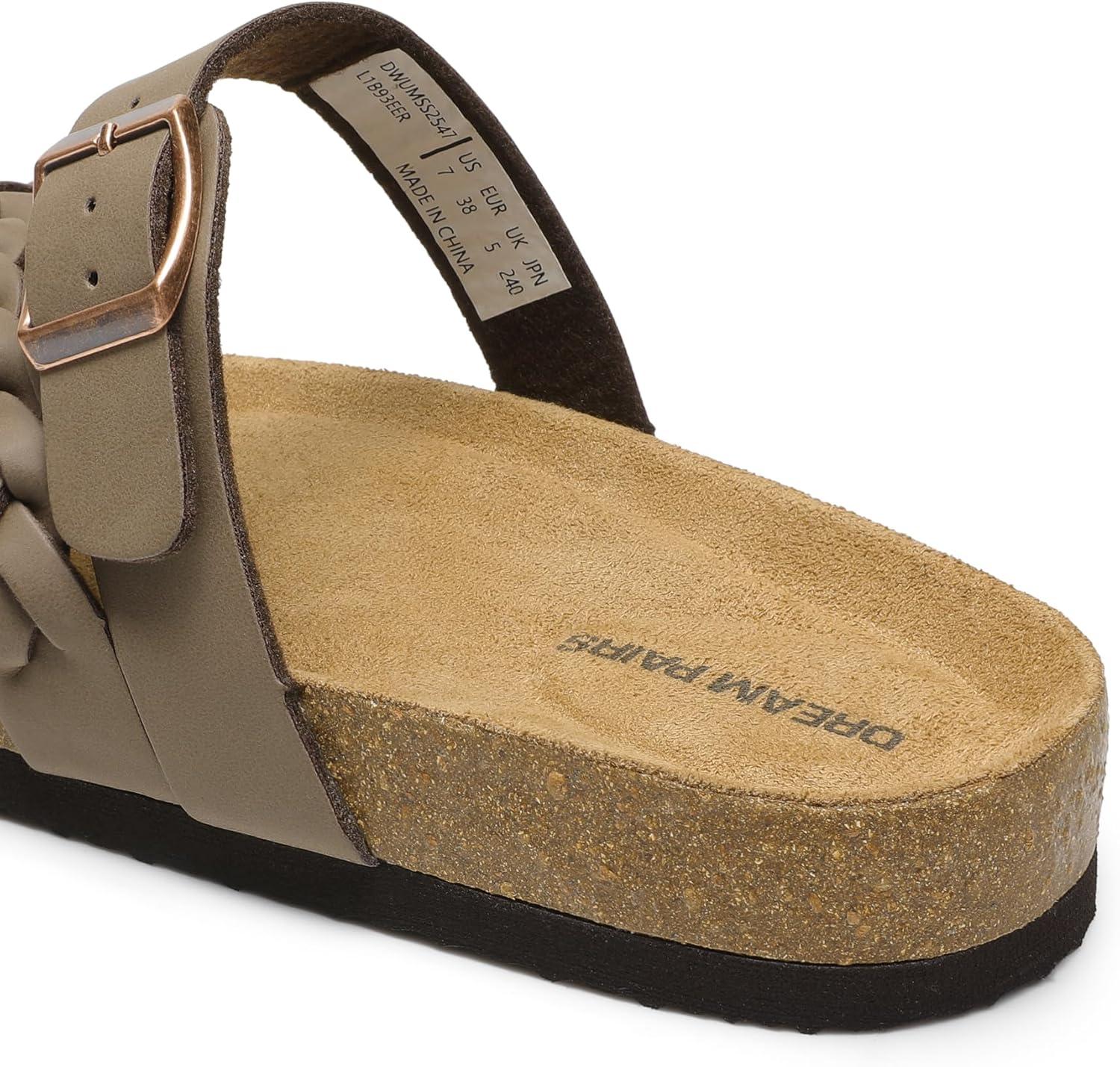 imageDREAM PAIRS Womens Slides Soft Cork Footbed Sandals Comfortable Walking Slipon Flat Sandals Arch Support Adjustable Buckle Braided Straps SlippersBrown