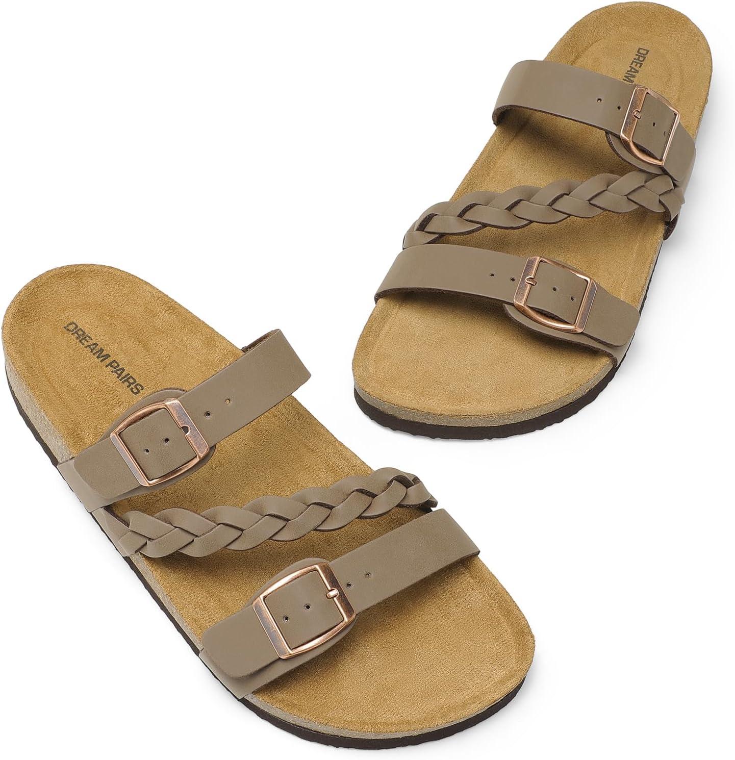 imageDREAM PAIRS Womens Slides Soft Cork Footbed Sandals Comfortable Walking Slipon Flat Sandals Arch Support Adjustable Buckle Braided Straps SlippersBrown