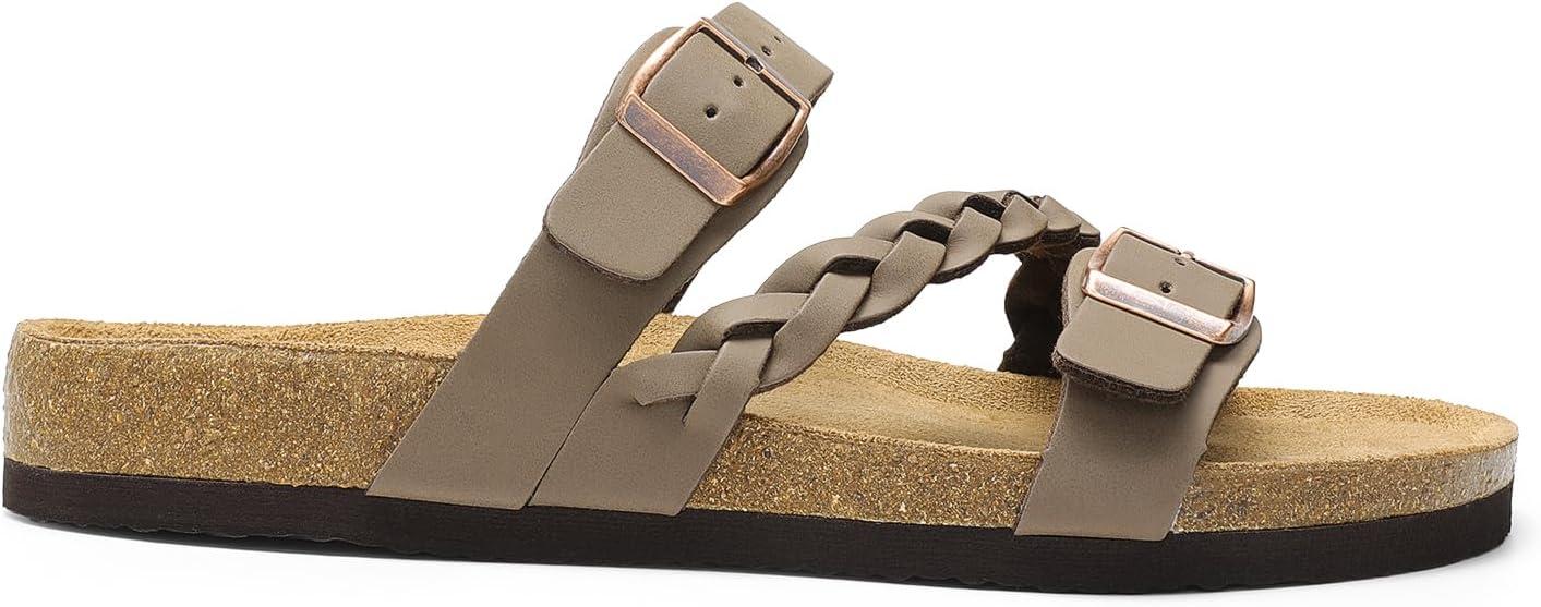 imageDREAM PAIRS Womens Slides Soft Cork Footbed Sandals Comfortable Walking Slipon Flat Sandals Arch Support Adjustable Buckle Braided Straps SlippersBrown