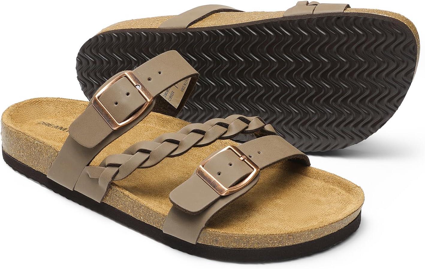 imageDREAM PAIRS Womens Slides Soft Cork Footbed Sandals Comfortable Walking Slipon Flat Sandals Arch Support Adjustable Buckle Braided Straps SlippersBrown