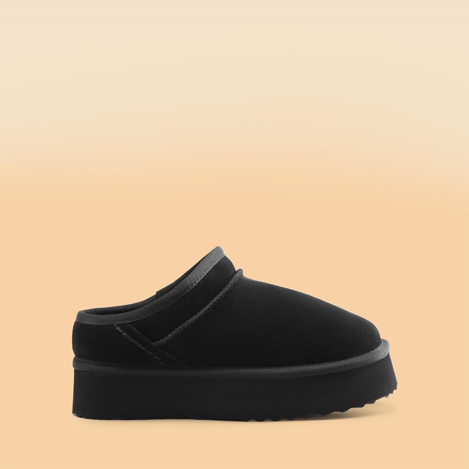 imageDREAM PAIRS Womens Slippers Platform Genuine Suede SlipOn Memory Foam Cozy Fluffy Warm Comfy Furry House Shoes for Outdoor IndoorBlack