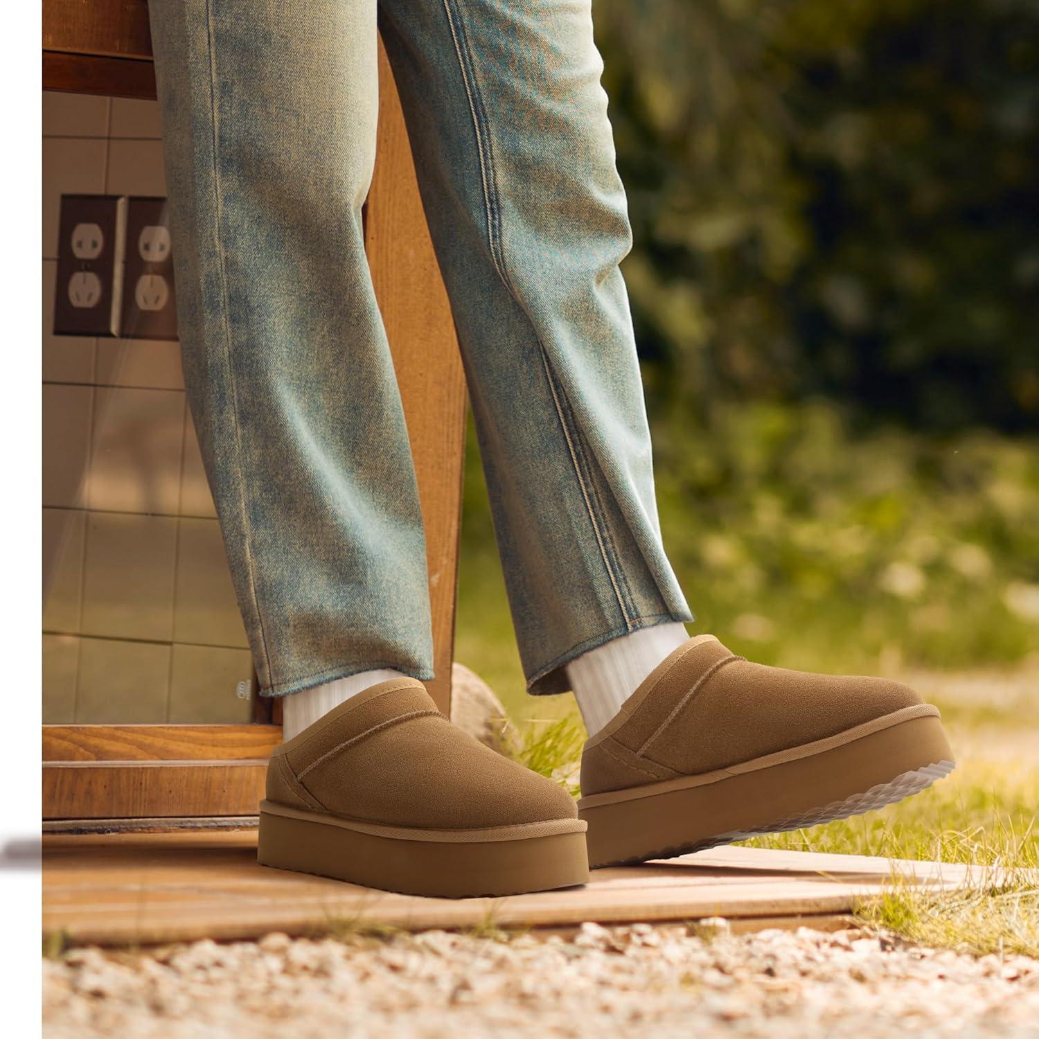 imageDREAM PAIRS Womens Slippers Platform Genuine Suede SlipOn Memory Foam Cozy Fluffy Warm Comfy Furry House Shoes for Outdoor IndoorChestnut