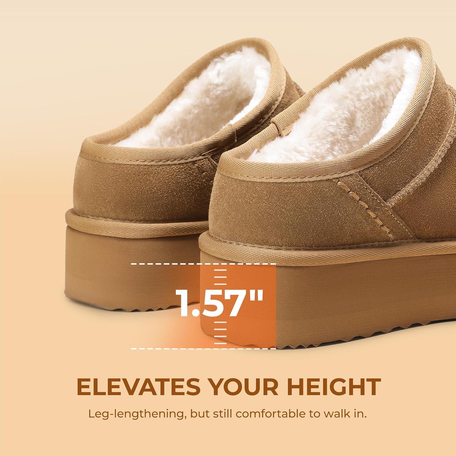 imageDREAM PAIRS Womens Slippers Platform Genuine Suede SlipOn Memory Foam Cozy Fluffy Warm Comfy Furry House Shoes for Outdoor IndoorChestnut