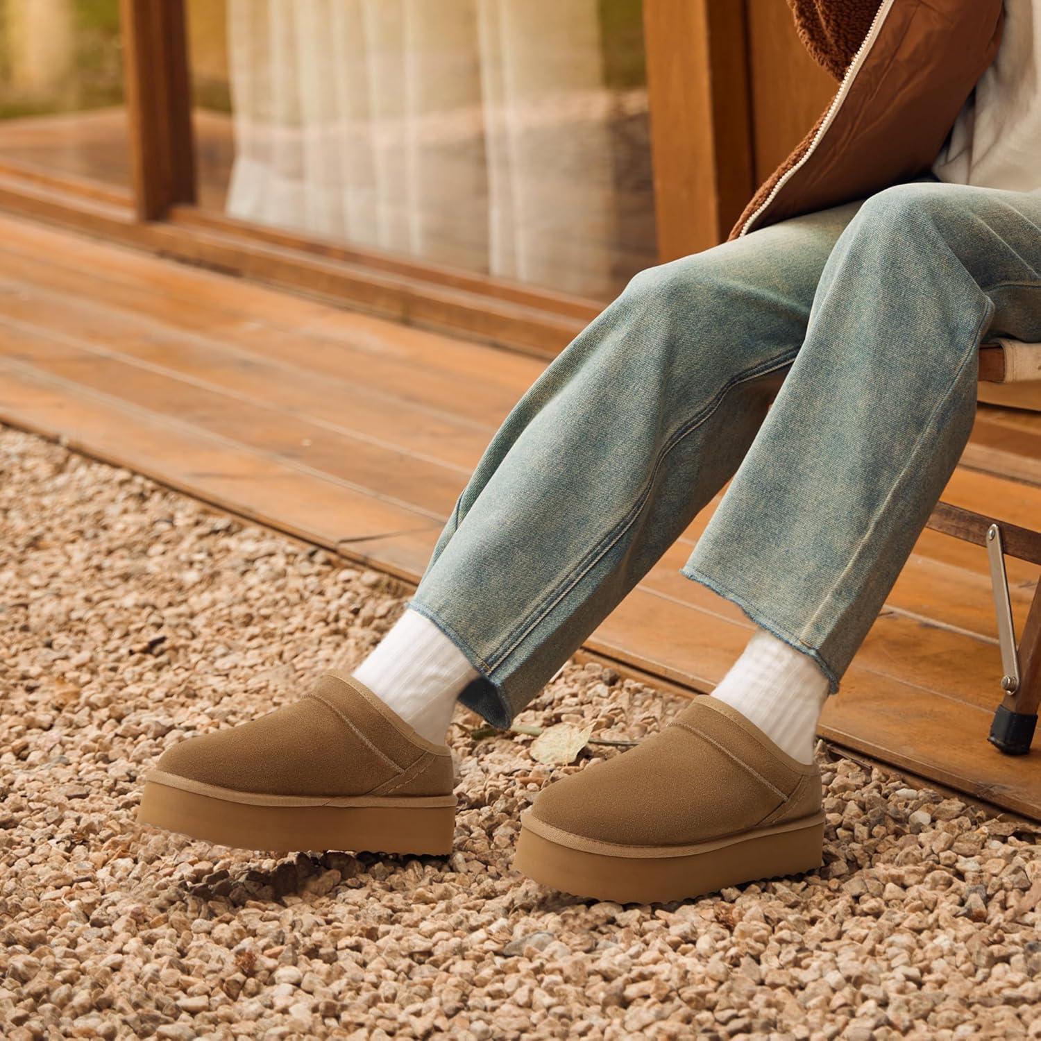 imageDREAM PAIRS Womens Slippers Platform Genuine Suede SlipOn Memory Foam Cozy Fluffy Warm Comfy Furry House Shoes for Outdoor IndoorChestnut