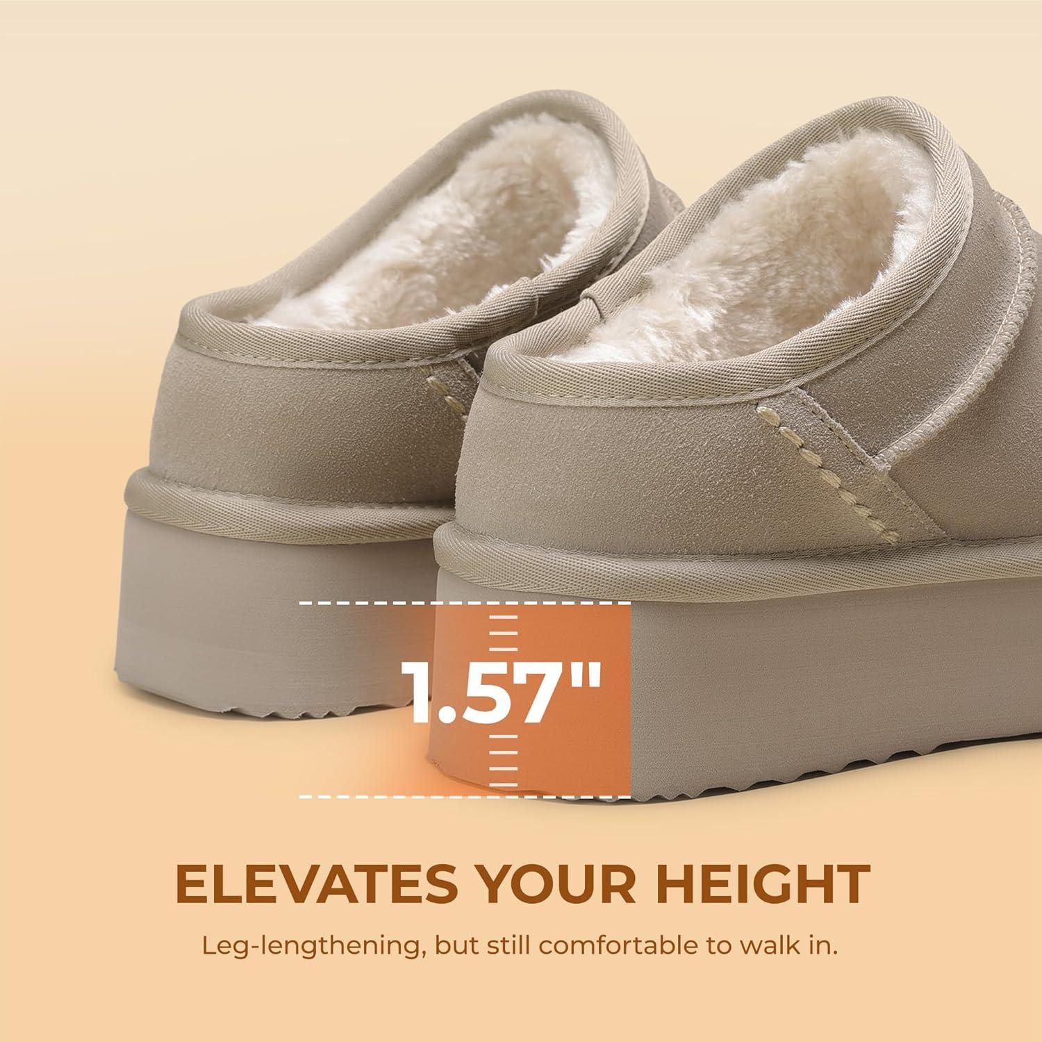 imageDREAM PAIRS Womens Slippers Platform Genuine Suede SlipOn Memory Foam Cozy Fluffy Warm Comfy Furry House Shoes for Outdoor IndoorSand