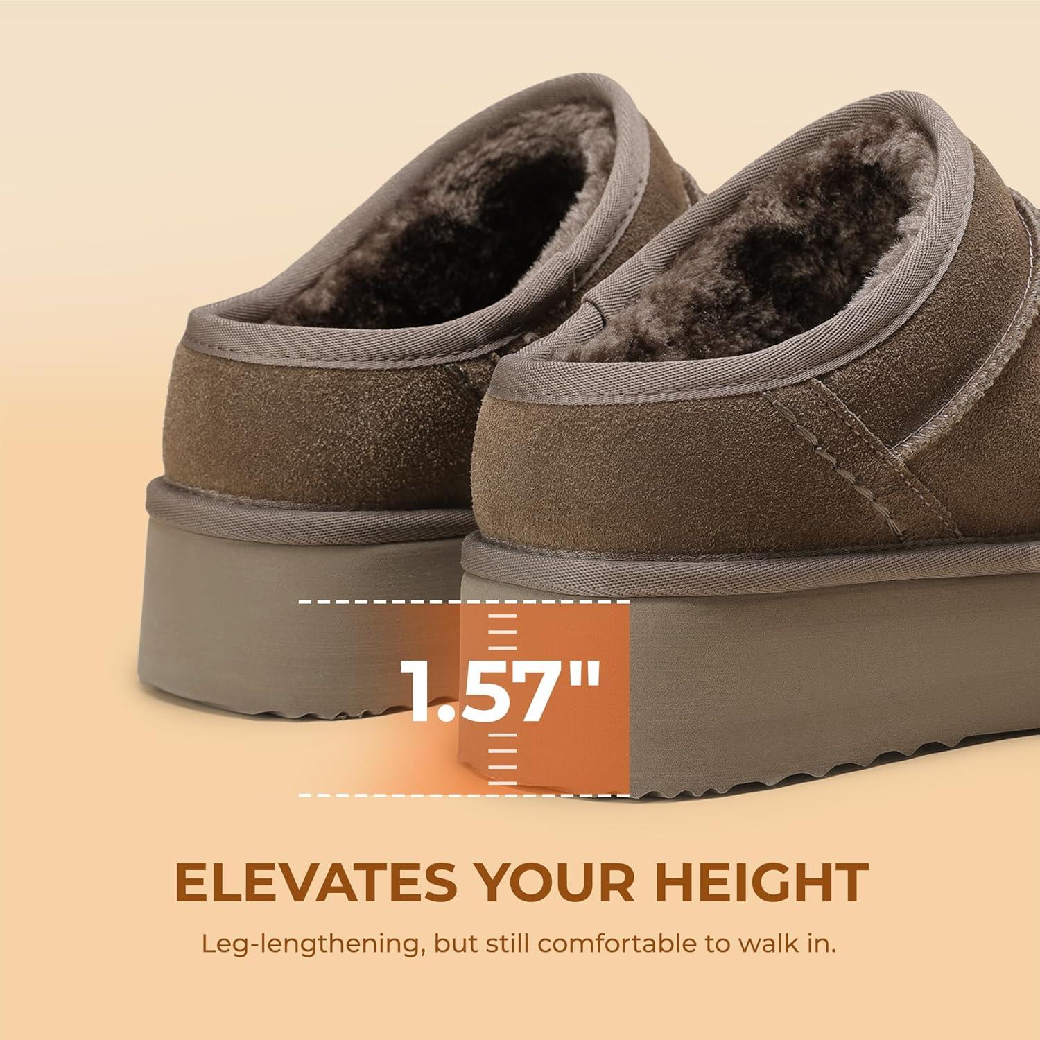 imageDREAM PAIRS Womens Slippers Platform Genuine Suede SlipOn Memory Foam Cozy Fluffy Warm Comfy Furry House Shoes for Outdoor IndoorTaupe