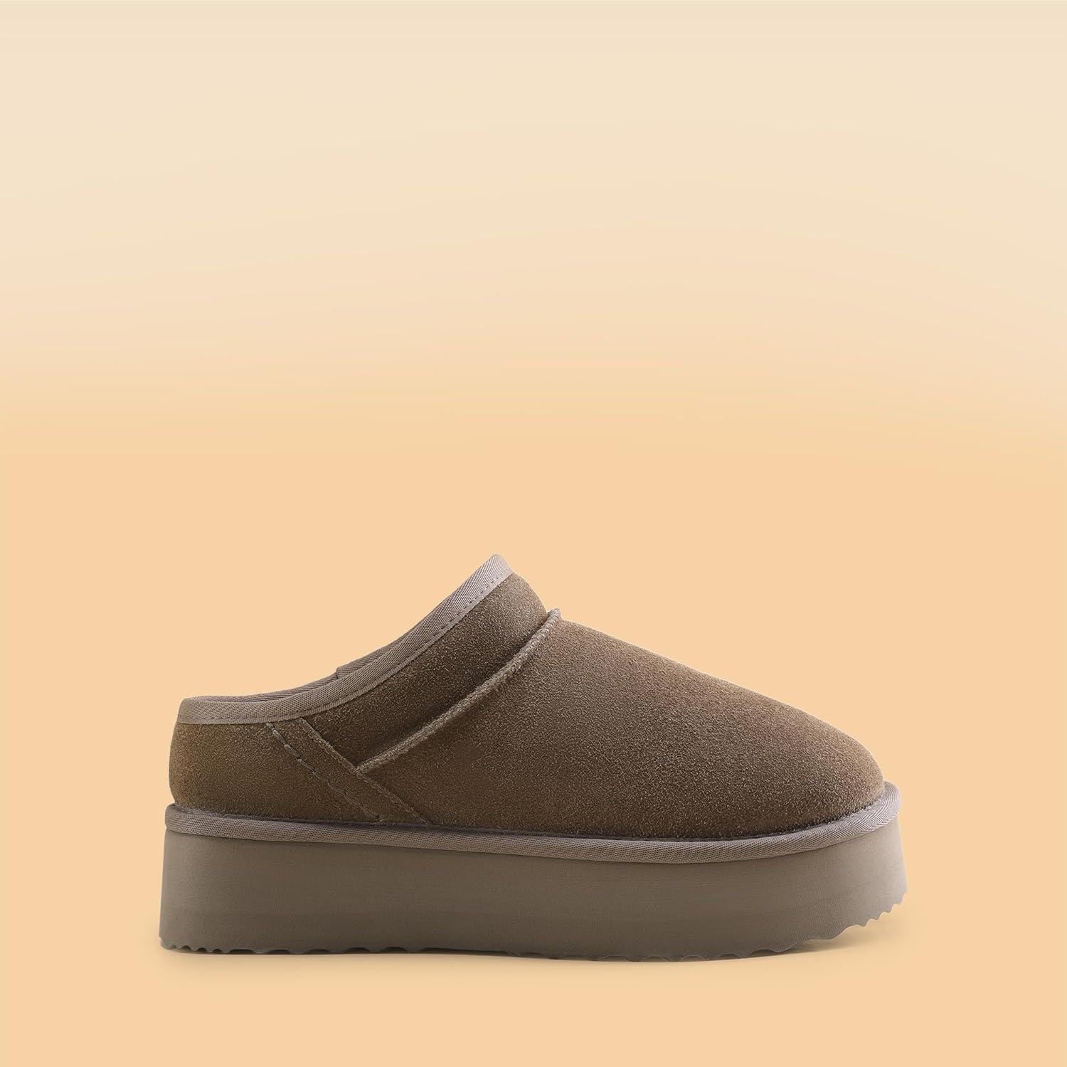 imageDREAM PAIRS Womens Slippers Platform Genuine Suede SlipOn Memory Foam Cozy Fluffy Warm Comfy Furry House Shoes for Outdoor IndoorTaupe