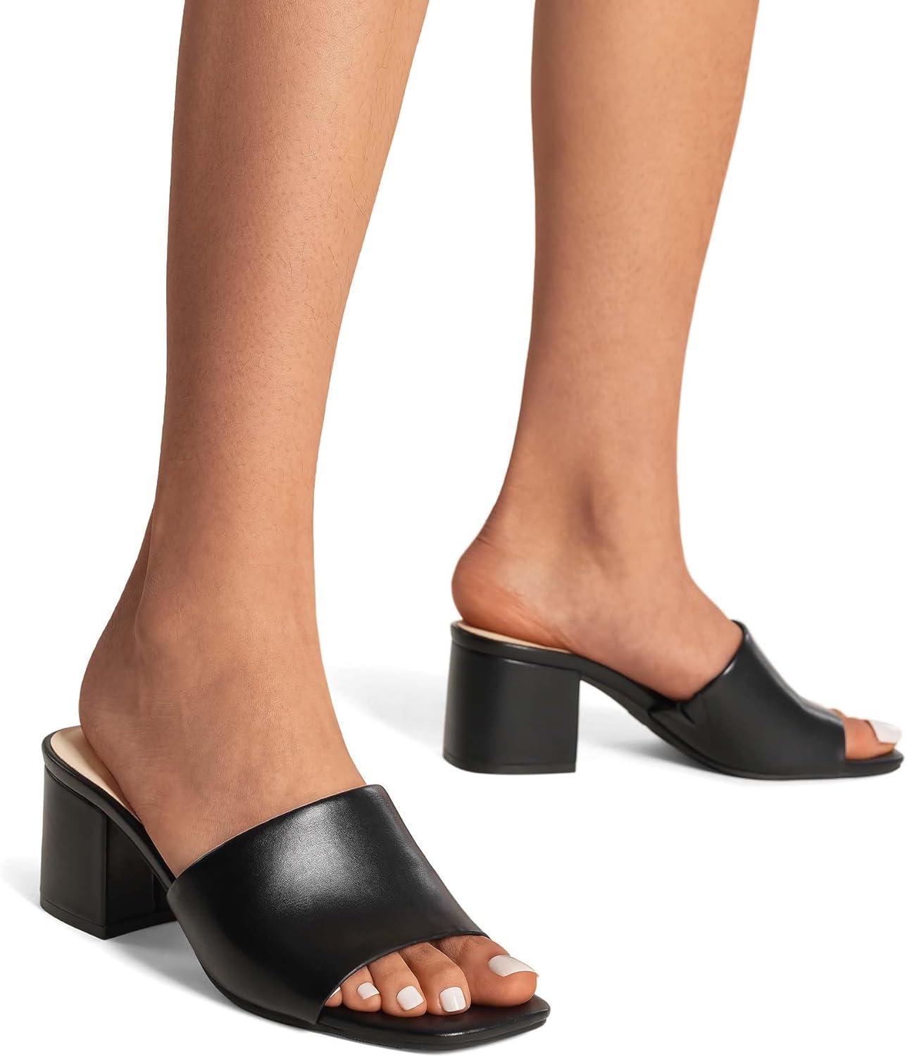 imageDREAM PAIRS Womens Square Open Toe Heels Sandals Low Block Chunky Heeled Sandals Slide Sandals Slip on Comfortable Casual Pumps ShoesBlackpu