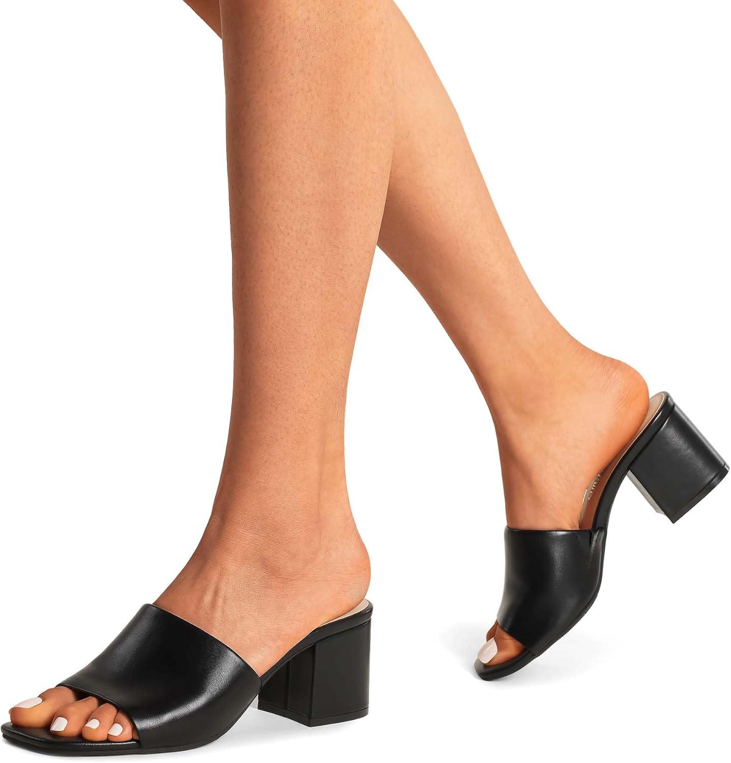 imageDREAM PAIRS Womens Square Open Toe Heels Sandals Low Block Chunky Heeled Sandals Slide Sandals Slip on Comfortable Casual Pumps ShoesBlackpu