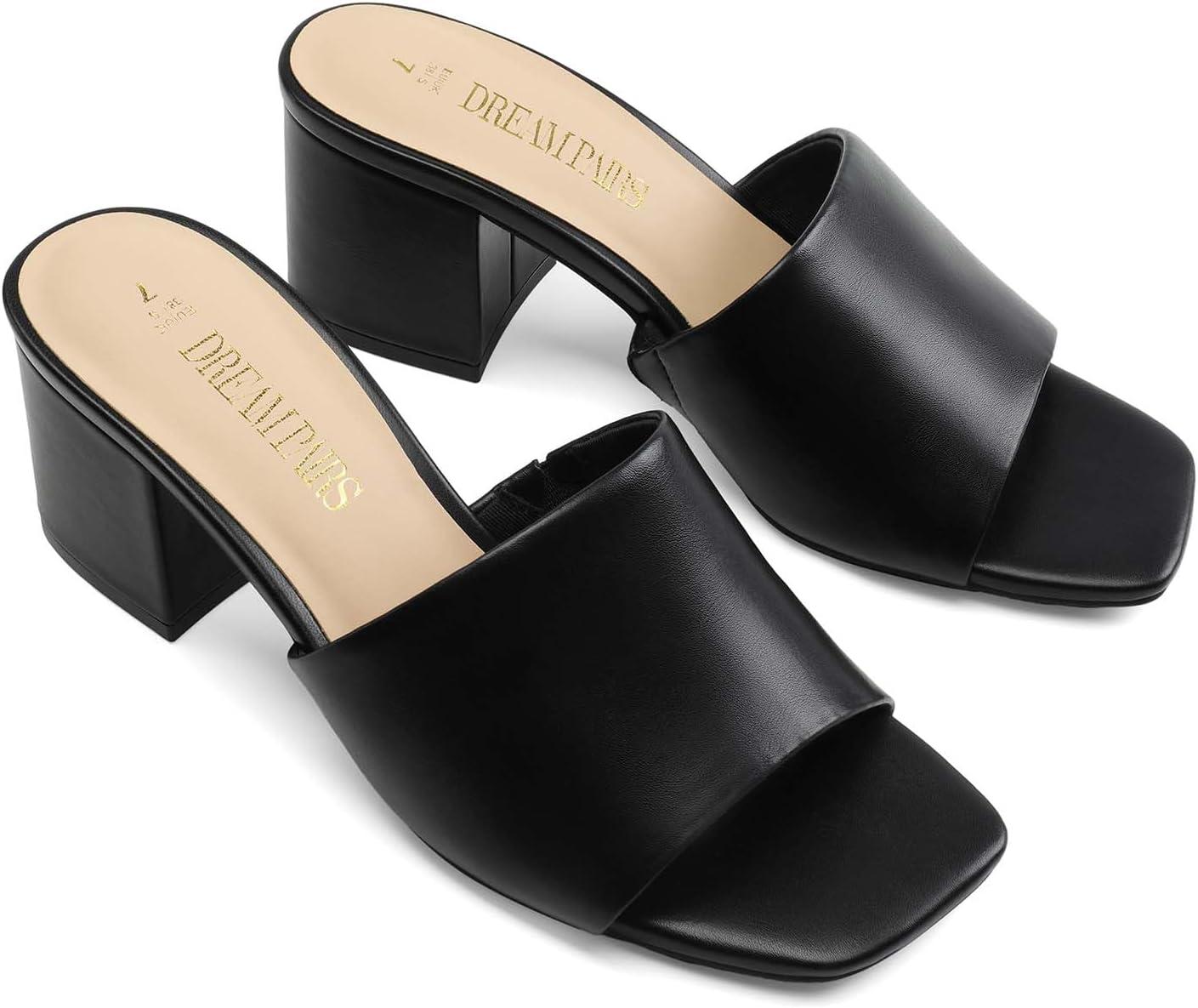 imageDREAM PAIRS Womens Square Open Toe Heels Sandals Low Block Chunky Heeled Sandals Slide Sandals Slip on Comfortable Casual Pumps ShoesBlackpu