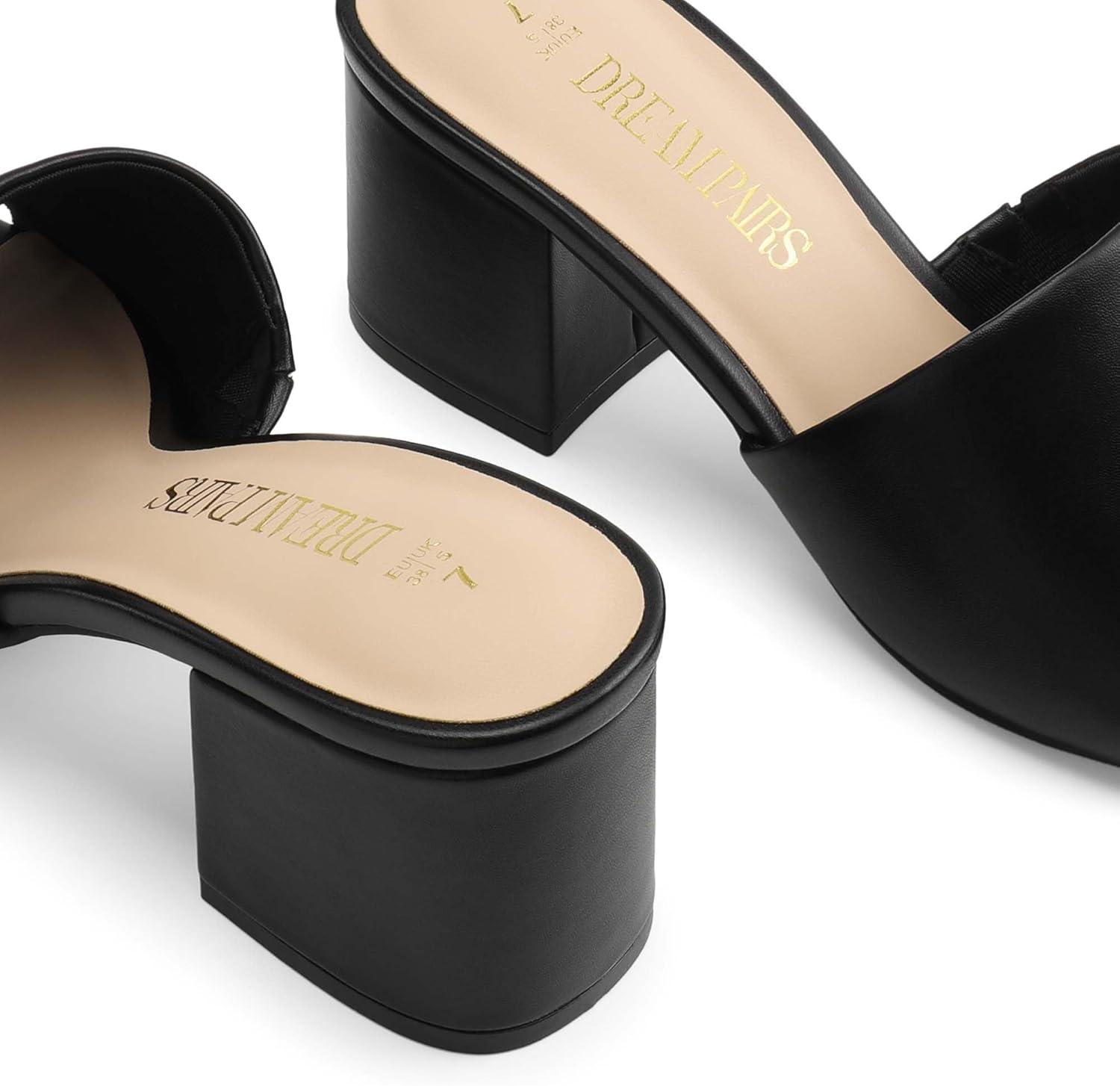 imageDREAM PAIRS Womens Square Open Toe Heels Sandals Low Block Chunky Heeled Sandals Slide Sandals Slip on Comfortable Casual Pumps ShoesBlackpu