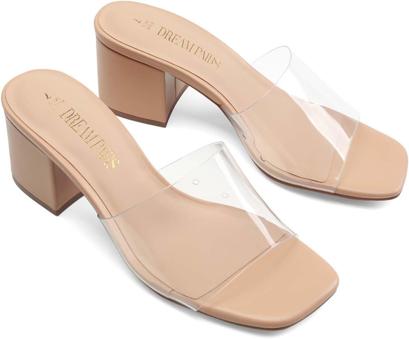 imageDREAM PAIRS Womens Square Open Toe Heels Sandals Low Block Chunky Heeled Sandals Slide Sandals Slip on Comfortable Casual Pumps ShoesNudeclear