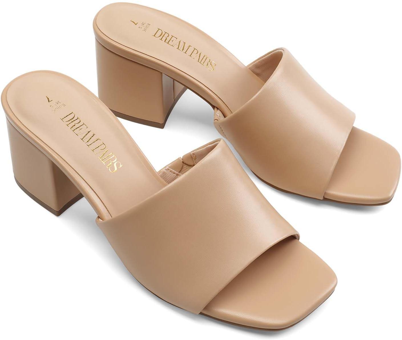 imageDREAM PAIRS Womens Square Open Toe Heels Sandals Low Block Chunky Heeled Sandals Slide Sandals Slip on Comfortable Casual Pumps ShoesNudepu