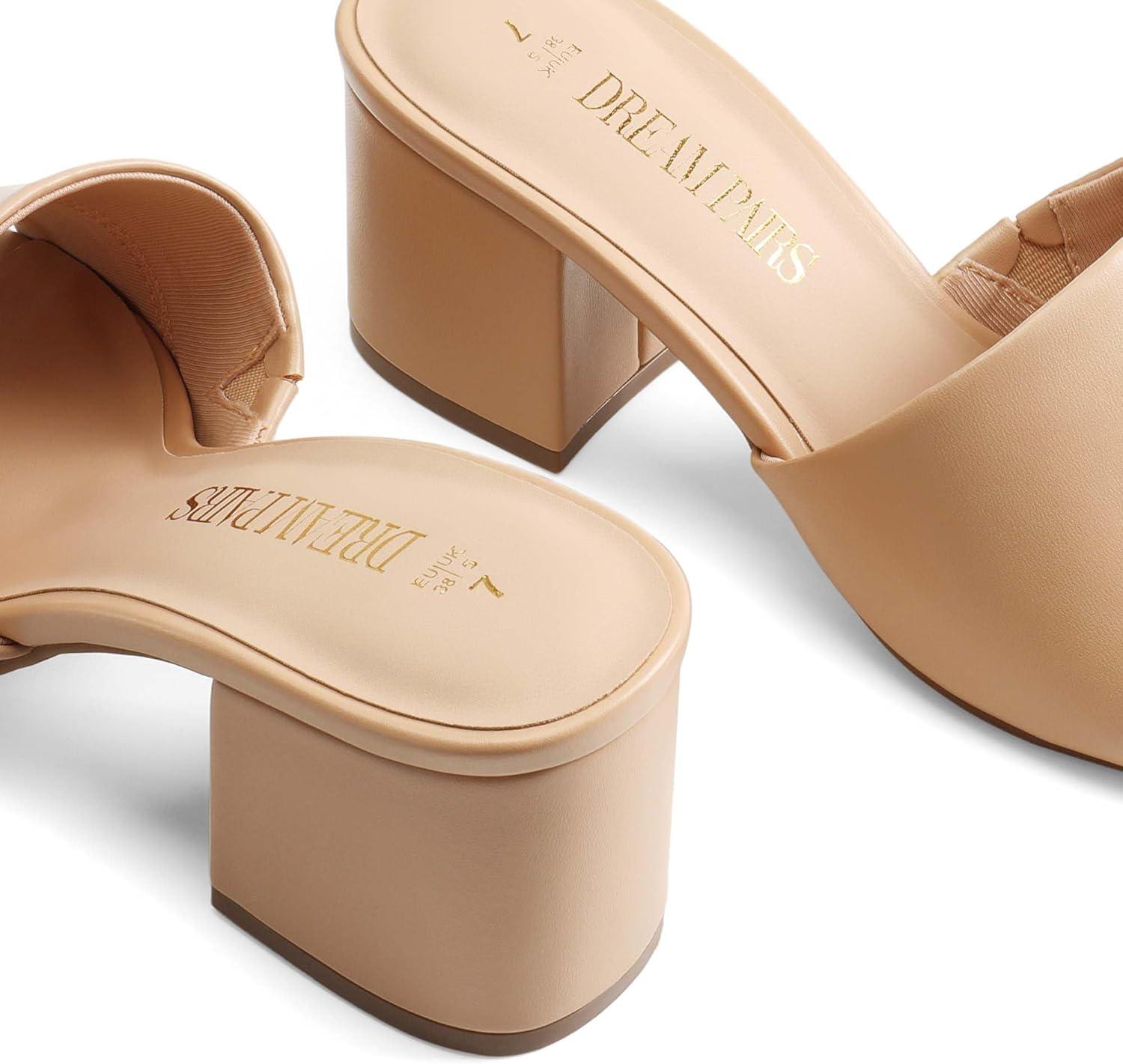 imageDREAM PAIRS Womens Square Open Toe Heels Sandals Low Block Chunky Heeled Sandals Slide Sandals Slip on Comfortable Casual Pumps ShoesNudepu