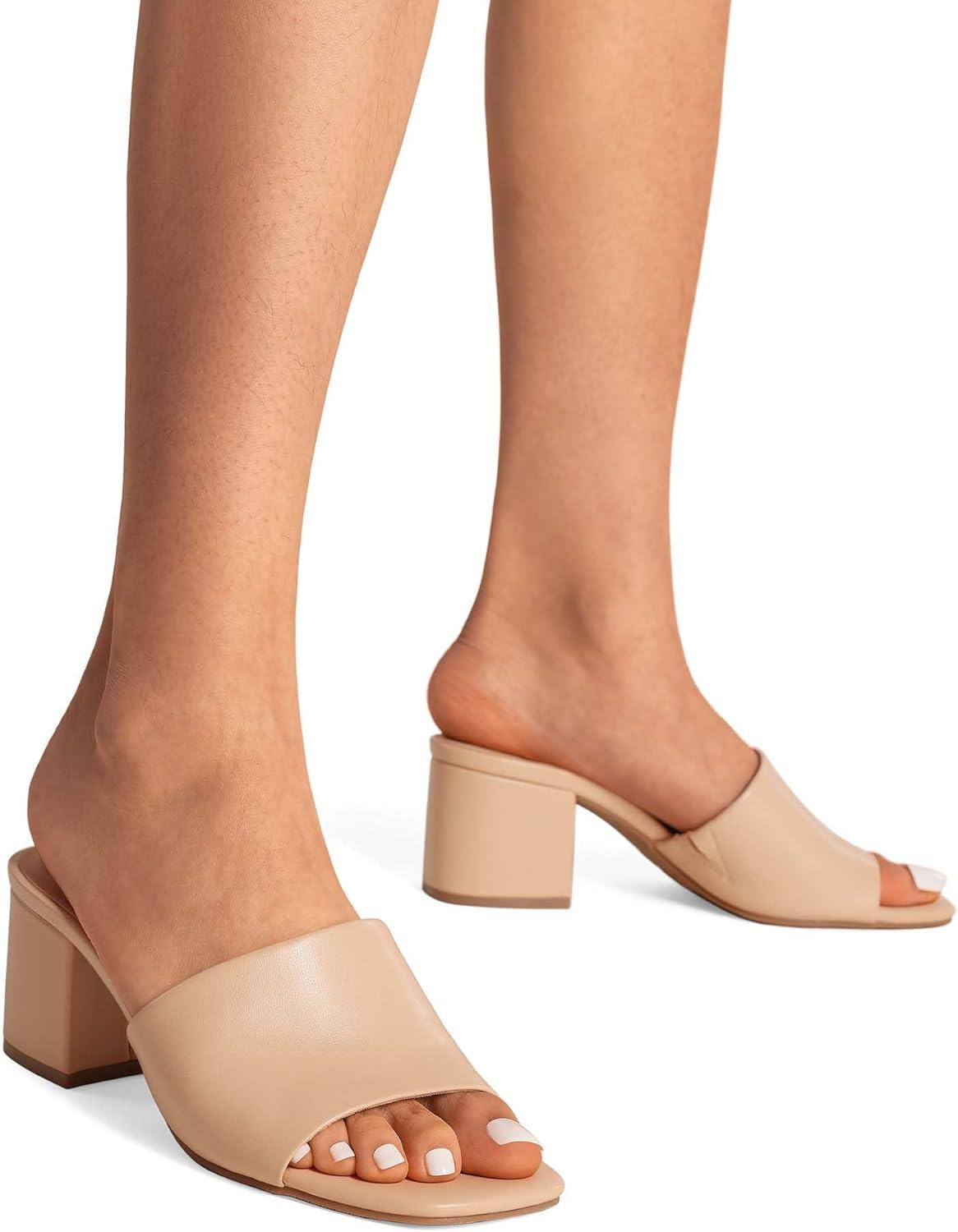 imageDREAM PAIRS Womens Square Open Toe Heels Sandals Low Block Chunky Heeled Sandals Slide Sandals Slip on Comfortable Casual Pumps ShoesNudepu