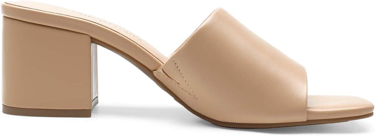 imageDREAM PAIRS Womens Square Open Toe Heels Sandals Low Block Chunky Heeled Sandals Slide Sandals Slip on Comfortable Casual Pumps ShoesNudepu