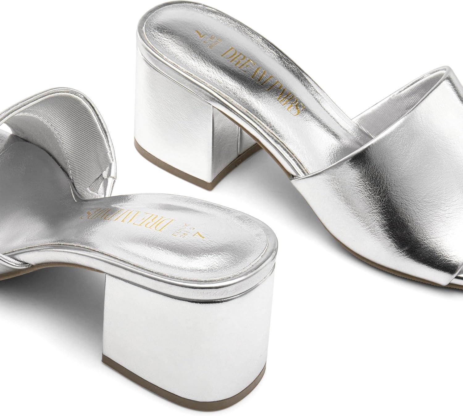 imageDREAM PAIRS Womens Square Open Toe Heels Sandals Low Block Chunky Heeled Sandals Slide Sandals Slip on Comfortable Casual Pumps ShoesSilverpu