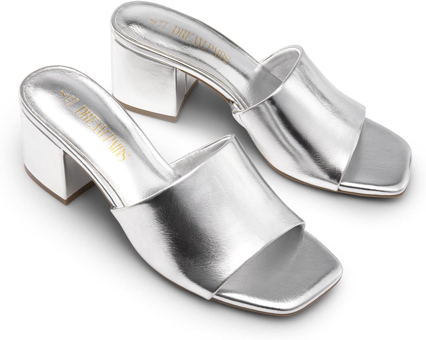 imageDREAM PAIRS Womens Square Open Toe Heels Sandals Low Block Chunky Heeled Sandals Slide Sandals Slip on Comfortable Casual Pumps ShoesSilverpu