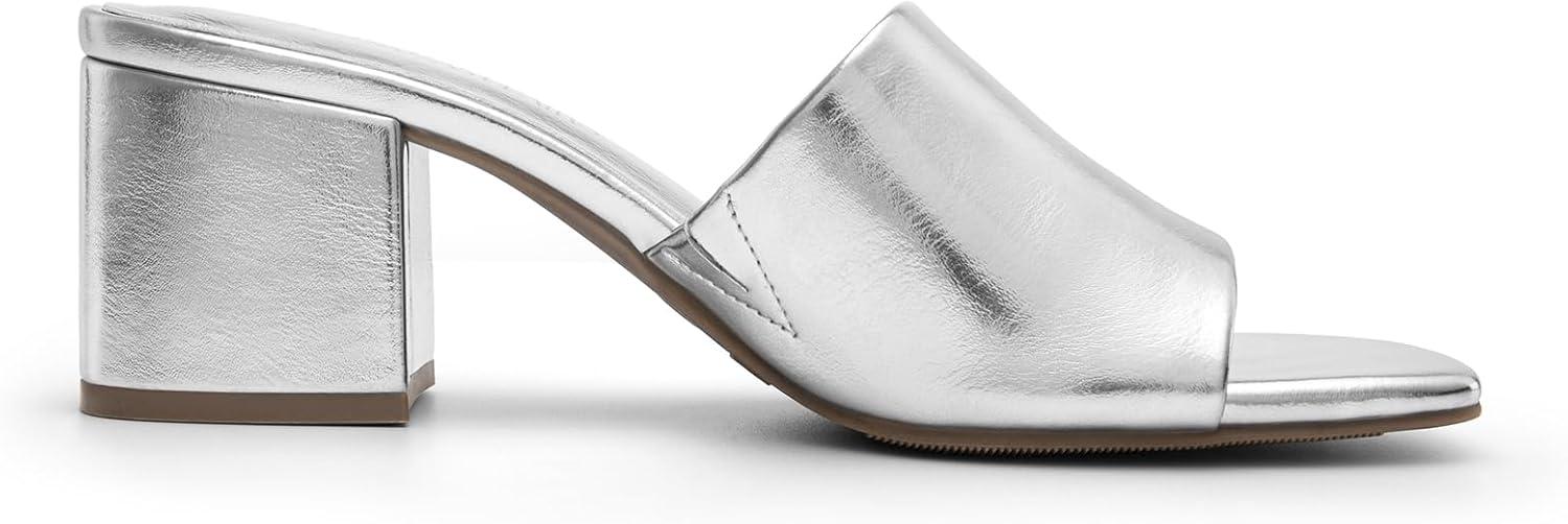 imageDREAM PAIRS Womens Square Open Toe Heels Sandals Low Block Chunky Heeled Sandals Slide Sandals Slip on Comfortable Casual Pumps ShoesSilverpu