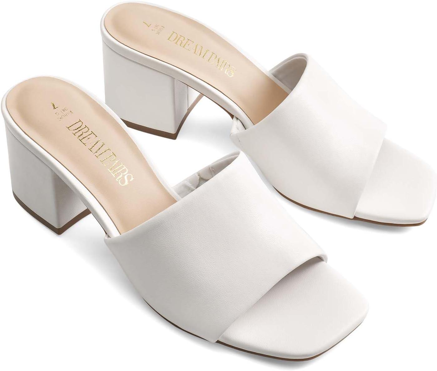 imageDREAM PAIRS Womens Square Open Toe Heels Sandals Low Block Chunky Heeled Sandals Slide Sandals Slip on Comfortable Casual Pumps ShoesWhitepu