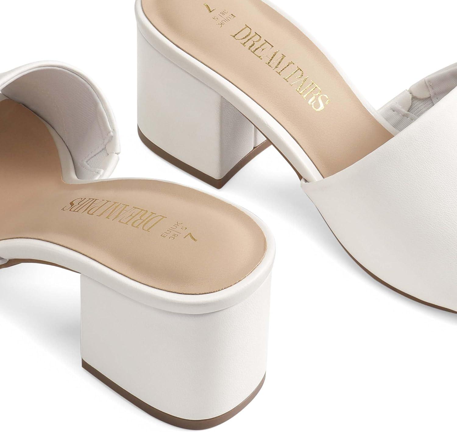 imageDREAM PAIRS Womens Square Open Toe Heels Sandals Low Block Chunky Heeled Sandals Slide Sandals Slip on Comfortable Casual Pumps ShoesWhitepu