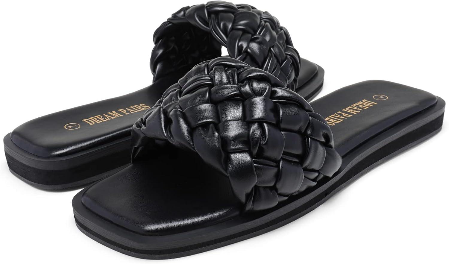 imageDREAM PAIRS Womens Square Open Toe Slide Sandals Cute Slip on Braided Slides Flat Sandals for SummerBlackWeave