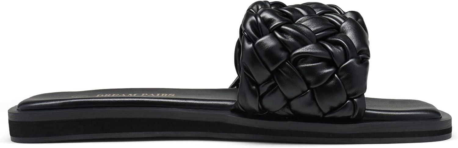 imageDREAM PAIRS Womens Square Open Toe Slide Sandals Cute Slip on Braided Slides Flat Sandals for SummerBlackWeave