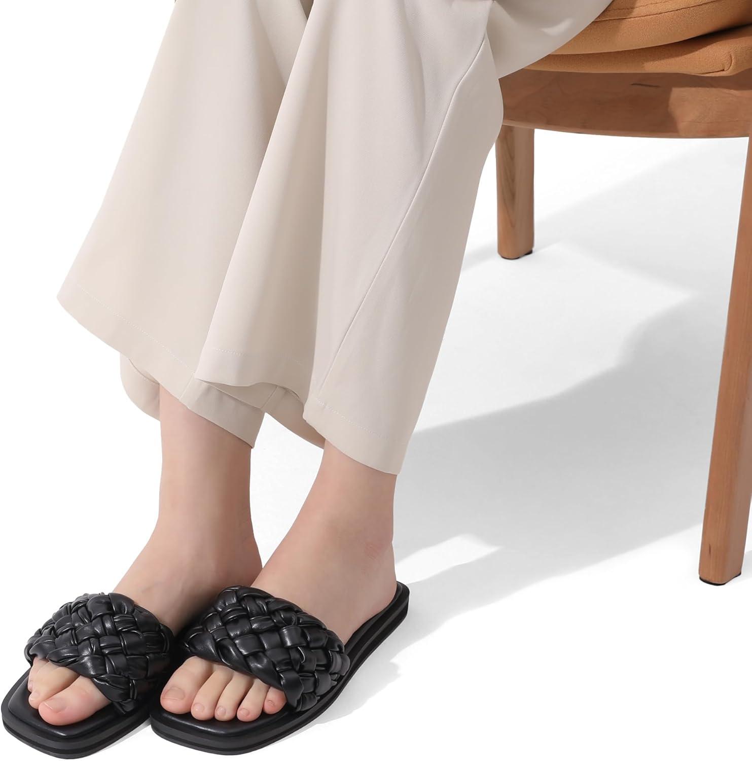 imageDREAM PAIRS Womens Square Open Toe Slide Sandals Cute Slip on Braided Slides Flat Sandals for SummerBlackWeave