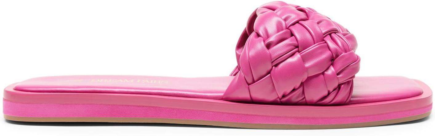 imageDREAM PAIRS Womens Square Open Toe Slide Sandals Cute Slip on Braided Slides Flat Sandals for SummerHot Pink