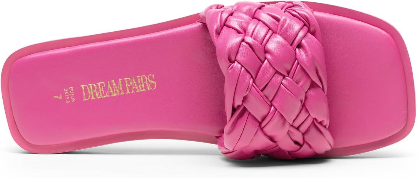 imageDREAM PAIRS Womens Square Open Toe Slide Sandals Cute Slip on Braided Slides Flat Sandals for SummerHot Pink