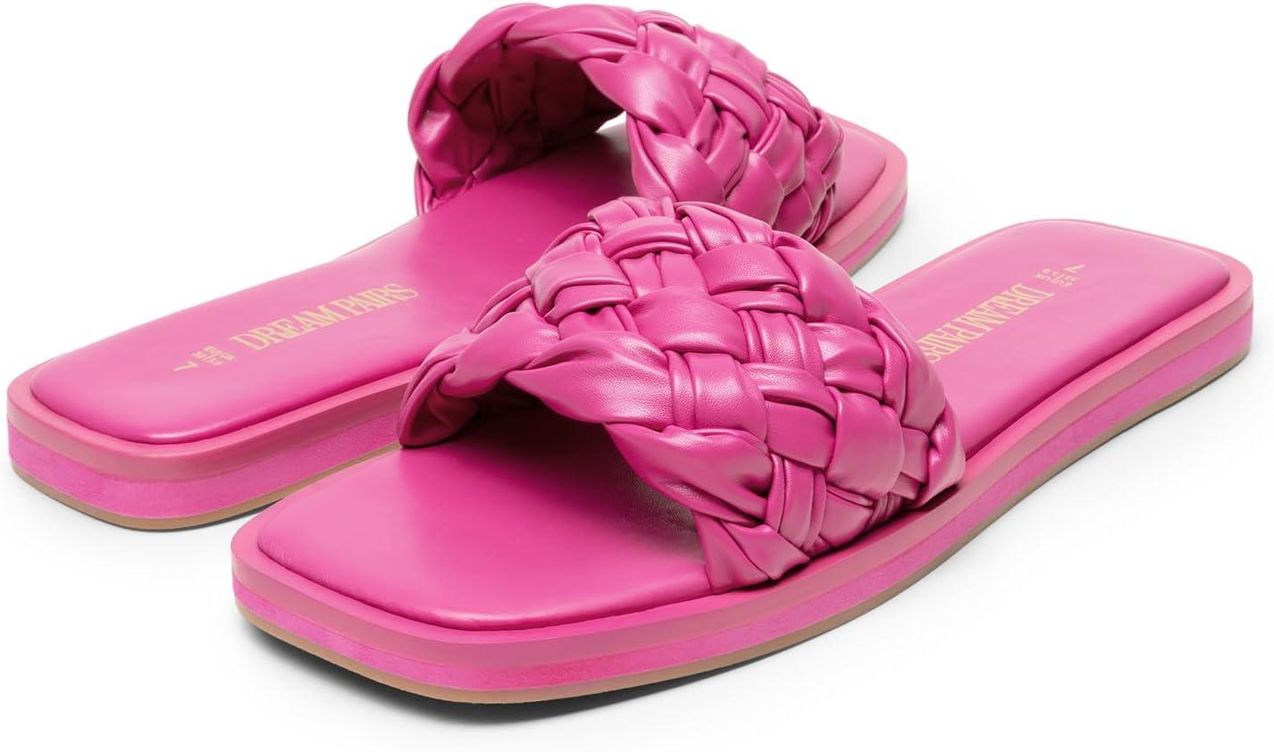 imageDREAM PAIRS Womens Square Open Toe Slide Sandals Cute Slip on Braided Slides Flat Sandals for SummerHot Pink