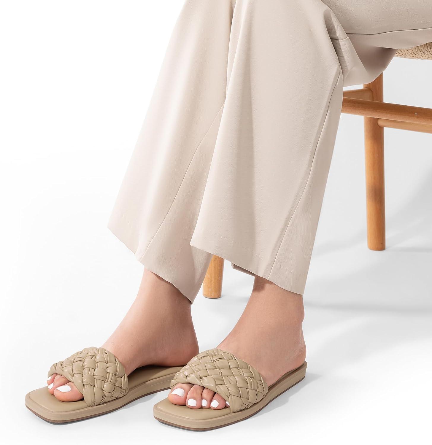 imageDREAM PAIRS Womens Square Open Toe Slide Sandals Cute Slip on Braided Slides Flat Sandals for SummerLight Nude