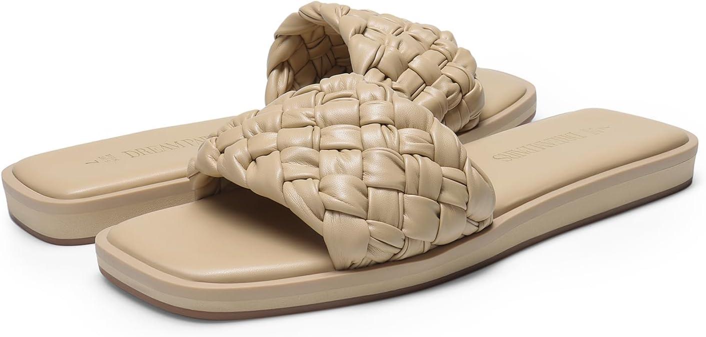 imageDREAM PAIRS Womens Square Open Toe Slide Sandals Cute Slip on Braided Slides Flat Sandals for SummerLight Nude