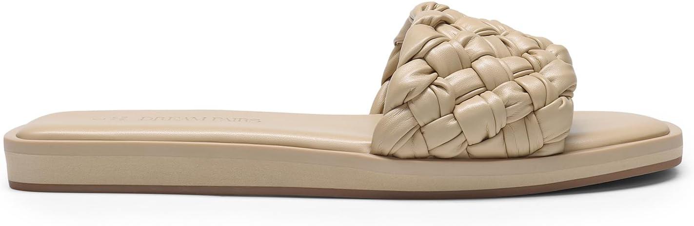 imageDREAM PAIRS Womens Square Open Toe Slide Sandals Cute Slip on Braided Slides Flat Sandals for SummerLight Nude