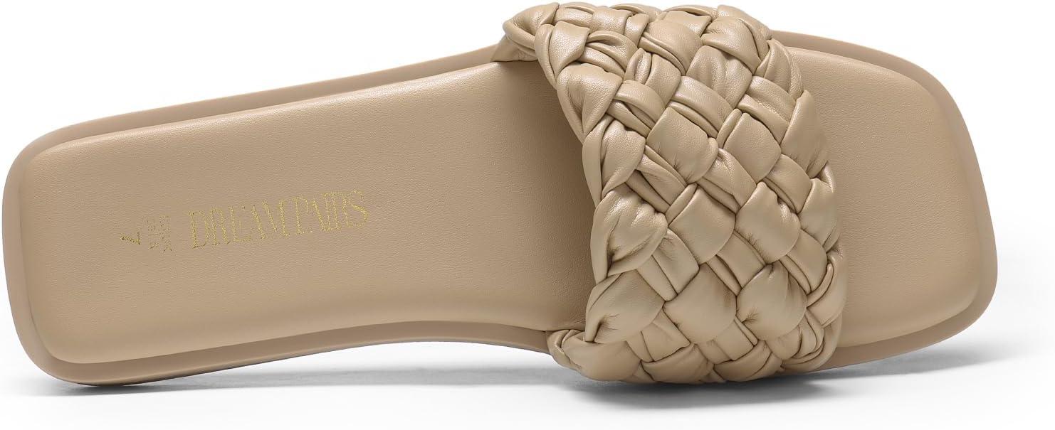 imageDREAM PAIRS Womens Square Open Toe Slide Sandals Cute Slip on Braided Slides Flat Sandals for SummerLight Nude