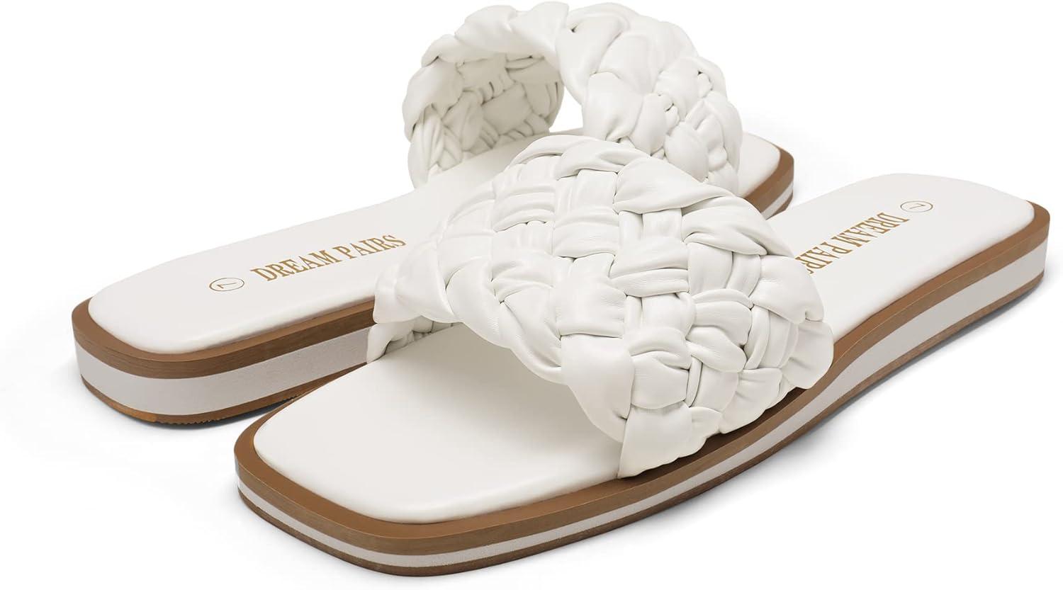 imageDREAM PAIRS Womens Square Open Toe Slide Sandals Cute Slip on Braided Slides Flat Sandals for SummerWhiteWeave