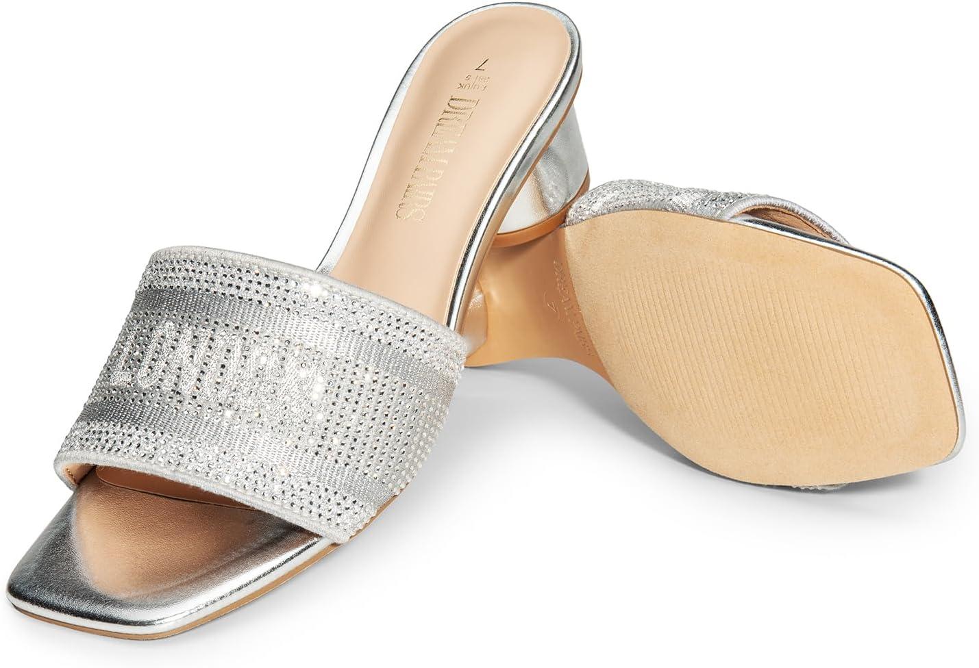 imageDREAM PAIRS Womens Square Open Toe Slip on Heels for women Low Block Chunky Heeled Sandals Slide Sandals Comfortable Casual Fashion Pumps ShoesSilverrhinestone