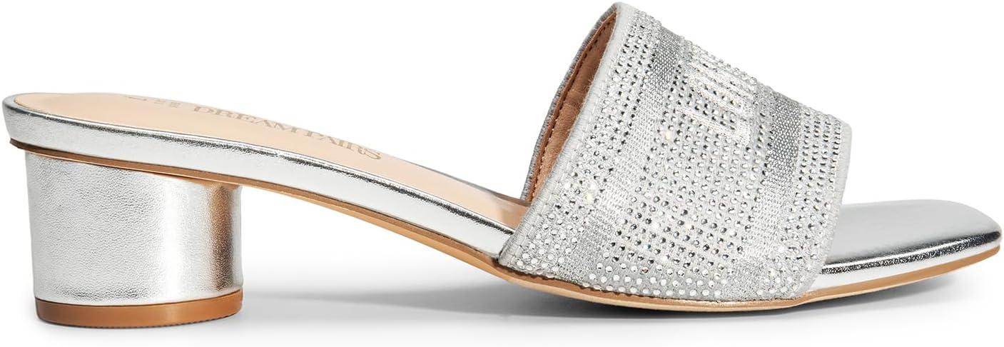 imageDREAM PAIRS Womens Square Open Toe Slip on Heels for women Low Block Chunky Heeled Sandals Slide Sandals Comfortable Casual Fashion Pumps ShoesSilverrhinestone