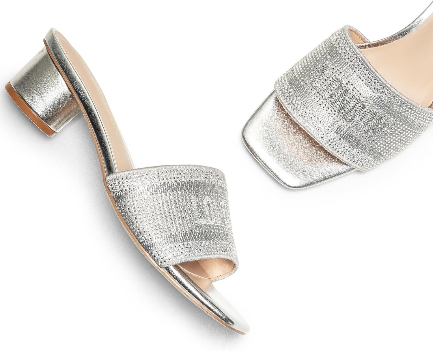 imageDREAM PAIRS Womens Square Open Toe Slip on Heels for women Low Block Chunky Heeled Sandals Slide Sandals Comfortable Casual Fashion Pumps ShoesSilverrhinestone