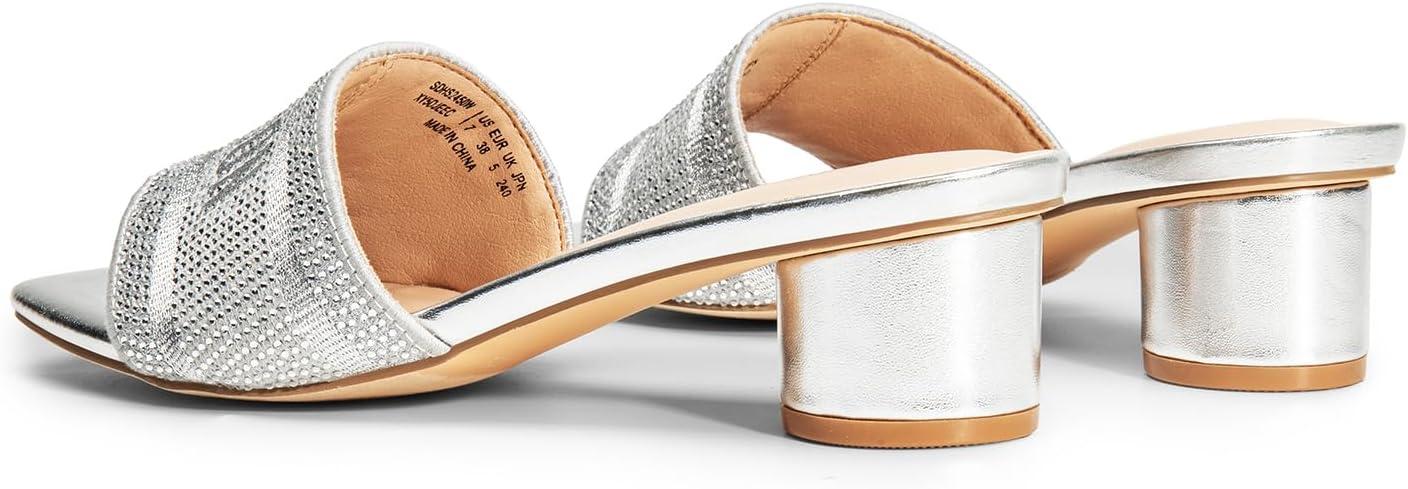 imageDREAM PAIRS Womens Square Open Toe Slip on Heels for women Low Block Chunky Heeled Sandals Slide Sandals Comfortable Casual Fashion Pumps ShoesSilverrhinestone