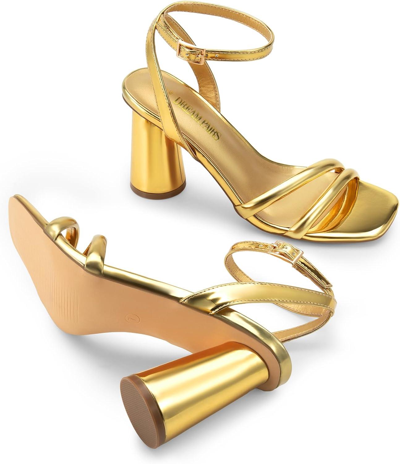 imageDREAM PAIRS Womens Strappy Round Heels Open Square Toe Ankle Strap Party Sandals Dress ShoesGoldpu