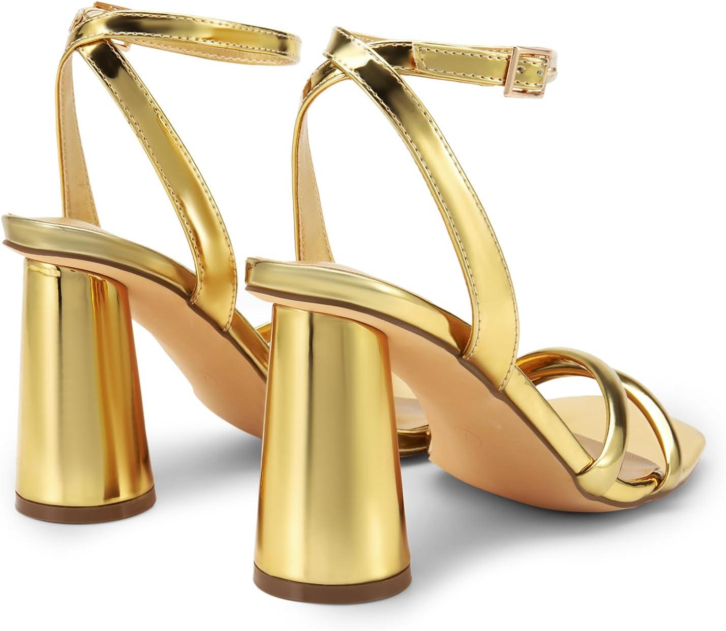imageDREAM PAIRS Womens Strappy Round Heels Open Square Toe Ankle Strap Party Sandals Dress ShoesGoldpu