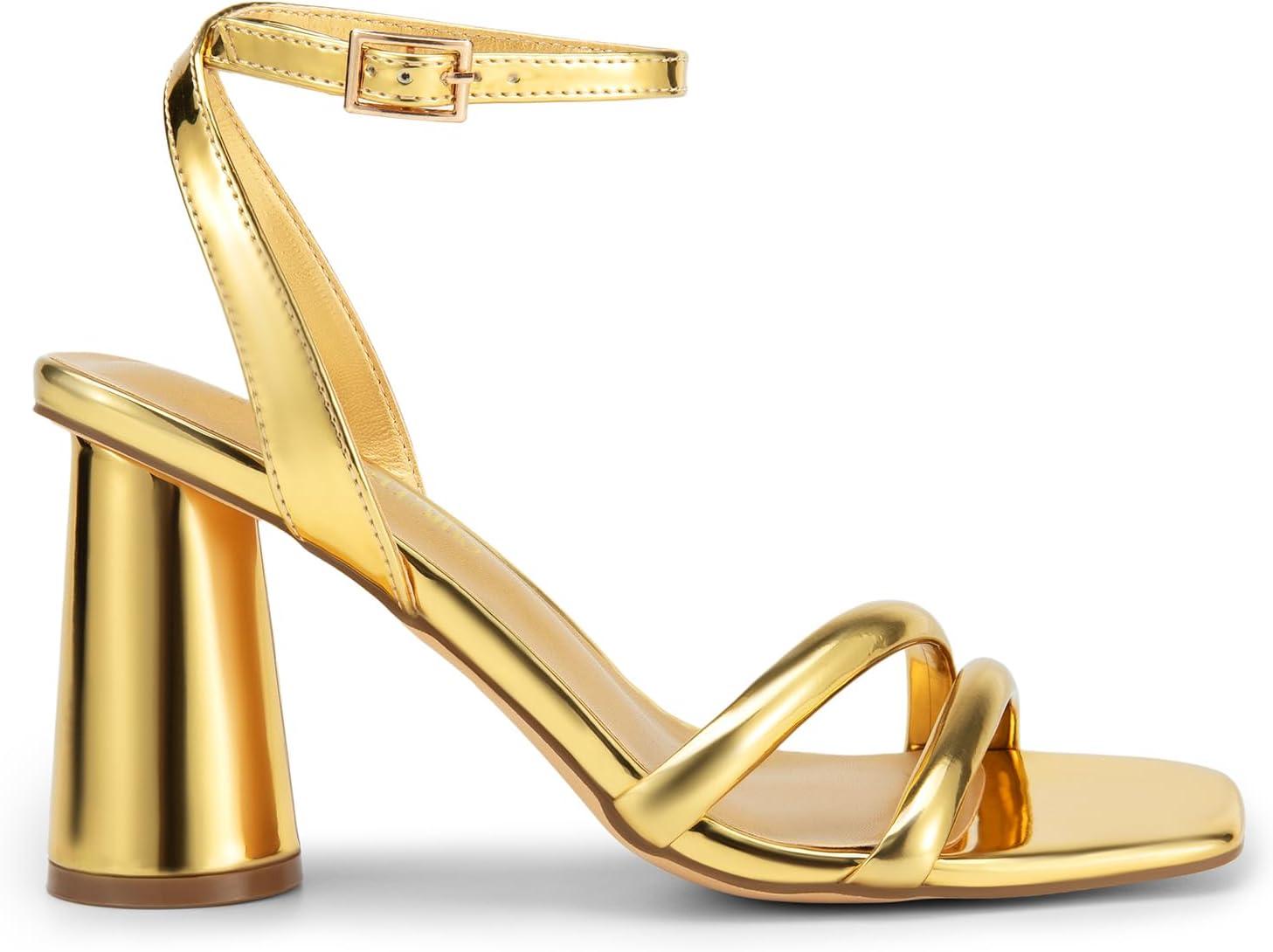 imageDREAM PAIRS Womens Strappy Round Heels Open Square Toe Ankle Strap Party Sandals Dress ShoesGoldpu